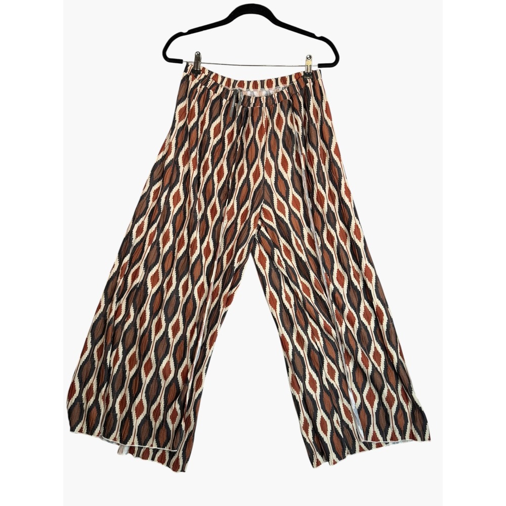 Anthropologie Plisse Wide Leg Pants Geometric Ikat Print Side Slit Brown Medium